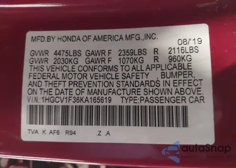 2019 Honda Accord Sport z USA, uszkodzony, nr VIN 1HGCV1F36KA165619